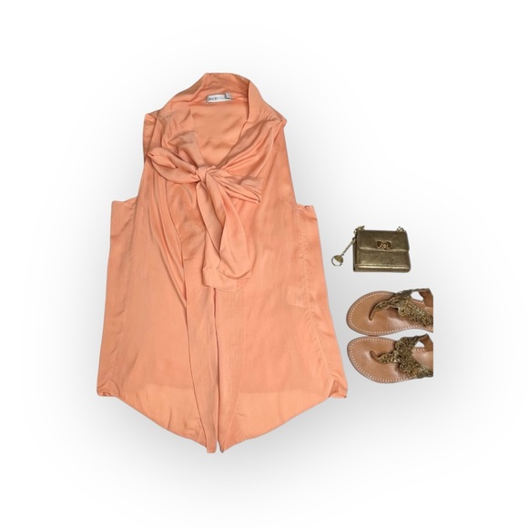 See by Chloe ༻ Pussy Bow Silk Crepe Crepon Sleeveless Top ༻Coral Pink Orange ༻ 6 - Picture 4 of 16